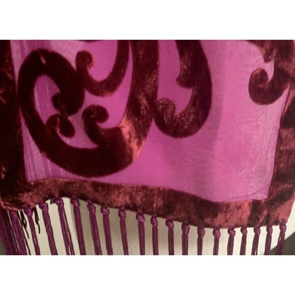 Vtg Anne Klein Sheer Nylon Velvet Plum Wine Scroll w Fringe Neck Scarf 7" x 64" - Picture 6 of 11